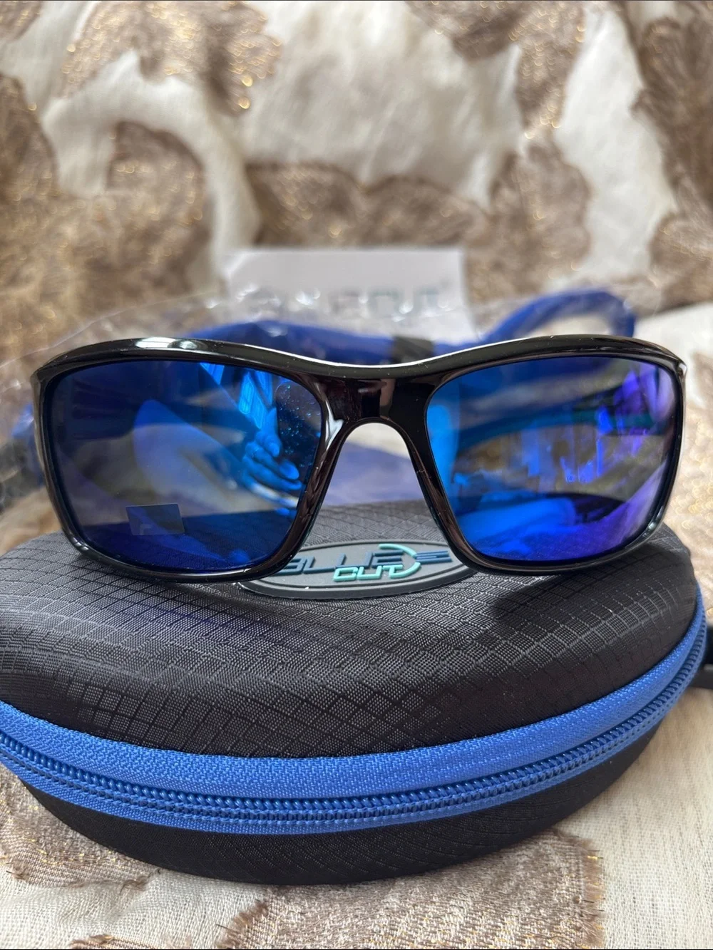 Blue Cut Polarized Blue Mirror Lens Shiny Black Frame Sunglasses Sporty Wrap